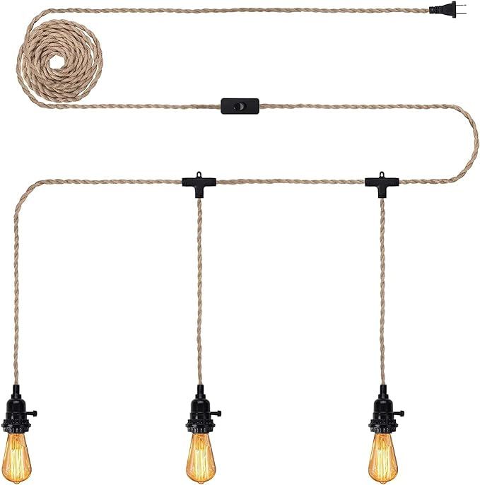 Rope Pendant Light Cord Kit with Plug & Swith - Triple Sockets, 29 FT, Vintage (Bulb not Included... | Amazon (US)