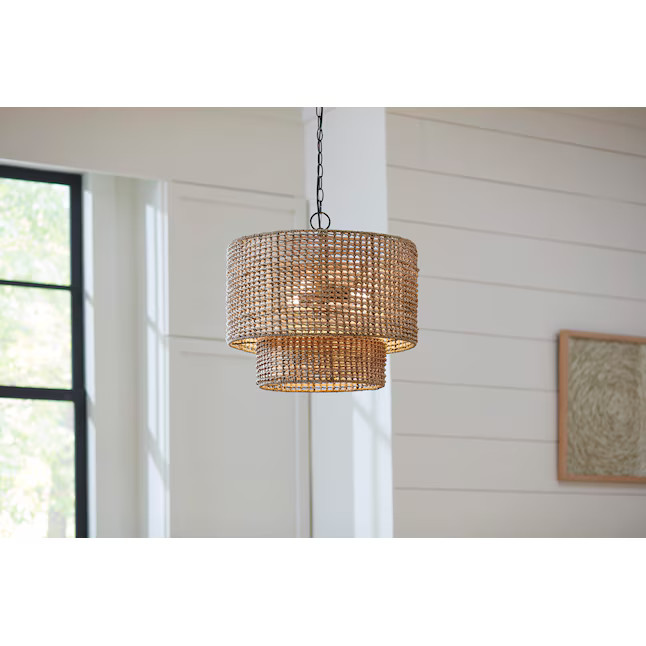 allen + roth Adara 3-Light Matte Black Canopy with Natural Rattan Shade Traditional Drum Hanging ... | Lowe's