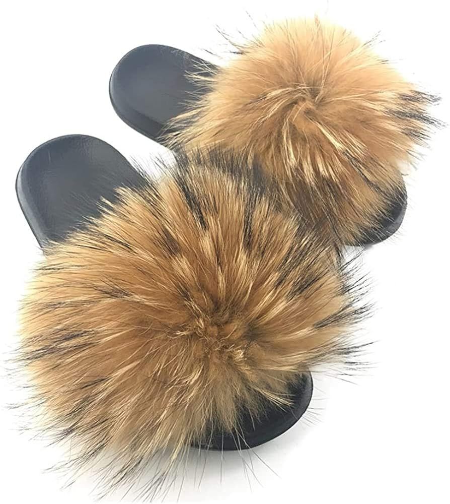 Fur Slides for Women,Fuzzy Sandals Flip Flop Furry Slides Slippers Soft Flat for Indoor Outdoor | Amazon (US)