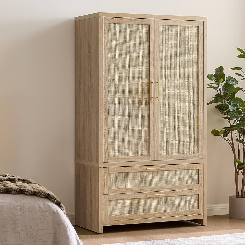 SICOTAS Rattan Armoire Wardrobe Closet Cabinet, 71" Tall Wardrobe Storage Cabinet with Doors, Lar... | Amazon (US)