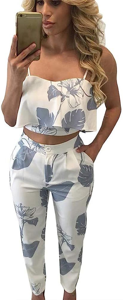 Women 2 Pieces Outfits Summer Jumpsuit Romper Spaghetti Strap Top and Long Pencil Pants Casual St... | Amazon (US)