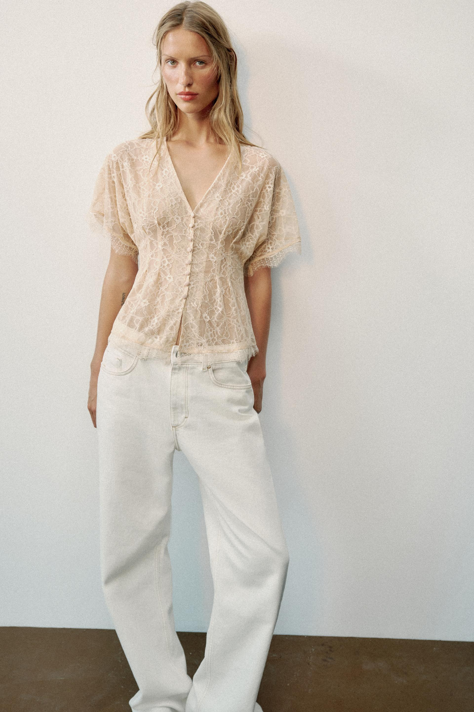 Zara - Lace Button Top - Pastel Pink - S - Woman | Zara US