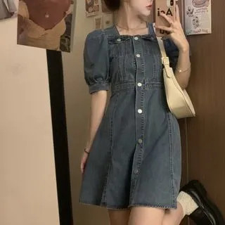 Puff-Sleeve A-Line Denim Dress | YesStyle Global