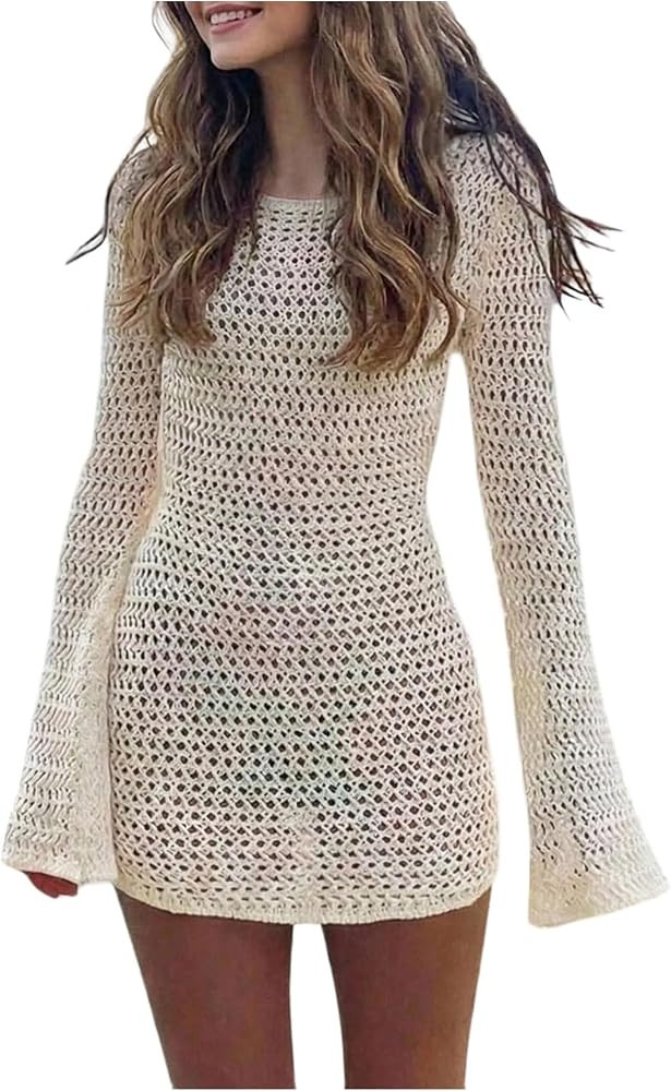 GORGLITTER Girl's Crochet Dress Swimsuit Coverup Long Sleeve Bikini Bathing Suit Cut Out Swim Sui... | Amazon (US)