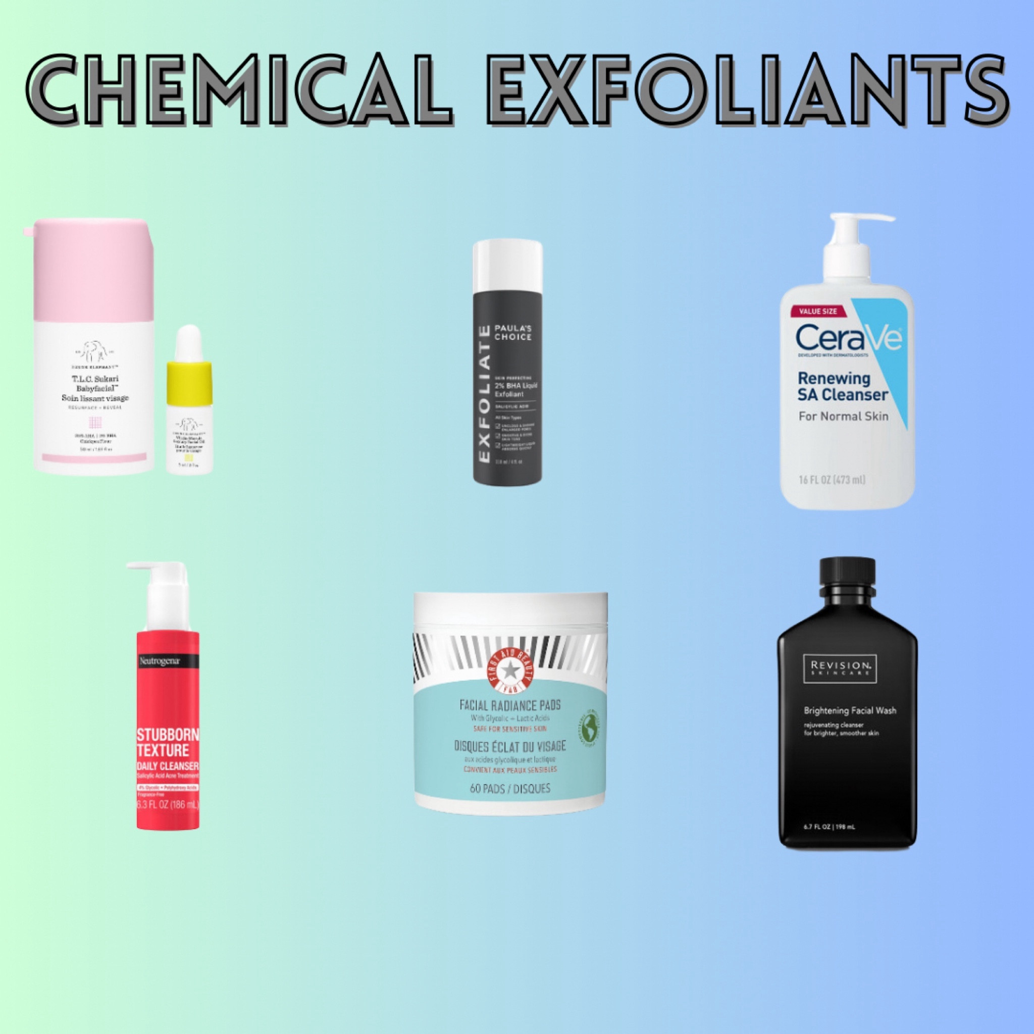 Chemical exfoliants use acids or enzymes to encourage shedding dead skin cells and debris. Alpha hydroxy acids (AHAs) such as Glycolic Acid or Lactic Acid can improve discoloration of the skin, skin texture, and tone. Beta hydroxy acids (BHAs) such as Salicylic Acid can also improve skin tone and texture but additionally work to decongest pores, making them a great choice for acne-prone skin. Chemical exfoliants come in a variety of options such as washes, wipes, leave-on masks, in-office clinical peels, & more. Here I have a collection of some of my favorites!

From Left to Right: 
Drunk Elephant - good for an experienced skincare user; weekly use max
PC - SA serum, good for acne-prone skin, can be used daily as tolerated
Cerave - alternative SA choice in version of a cleanser
Neutrogena - contains SA and GA, good for brightening, texture improvement, acne
Radiance pads - great for face and body, easy to travel with, great pre- or post- workout
Revision - contains GA, SA, Vit C - great for brightening the skin. Not good for sensitive or dry skin types.


#LTKGiftGuide #LTKmens #LTKbeauty