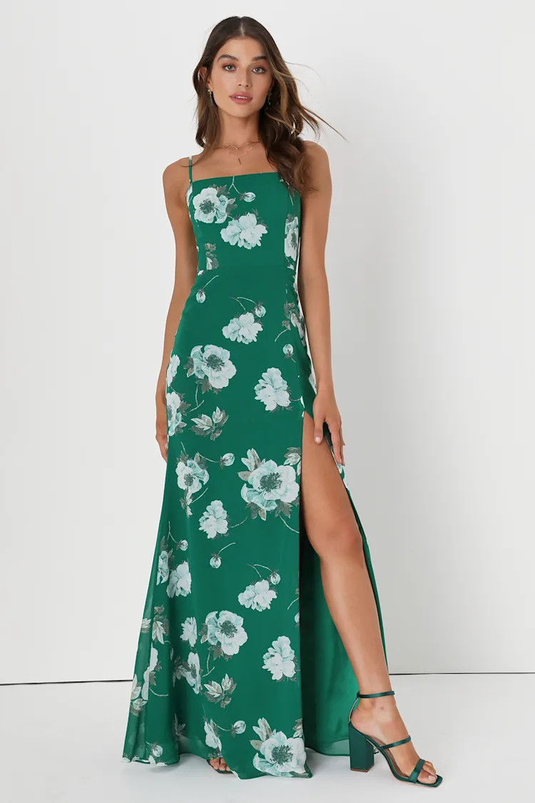 Feeling Elegant Green Floral Print Lace-Up Slit Maxi Dress | Lulus