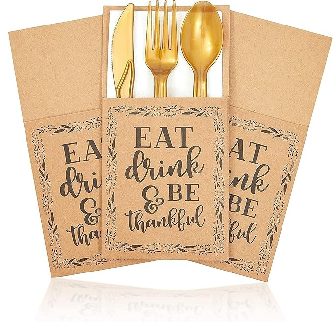 Thanksgiving Dinner Party Utensil Holder Pockets, Eat Drink & Be Thankful (36 Pack) | Amazon (US)