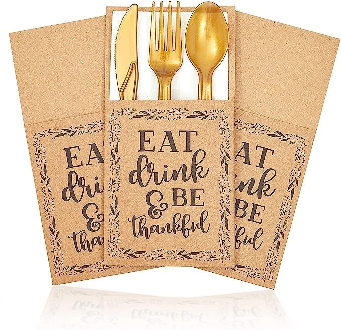 Thanksgiving Dinner Party Utensil Holder Pockets, Eat Drink & Be Thankful (36 Pack) | Amazon (US)