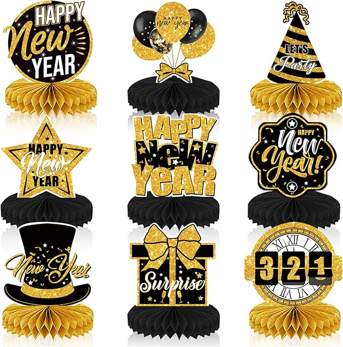 ALIBBON 9 Pcs 2024 New Year Honeycomb Centerpieces, Black Gold New Year Table Decorations Table T... | Amazon (US)