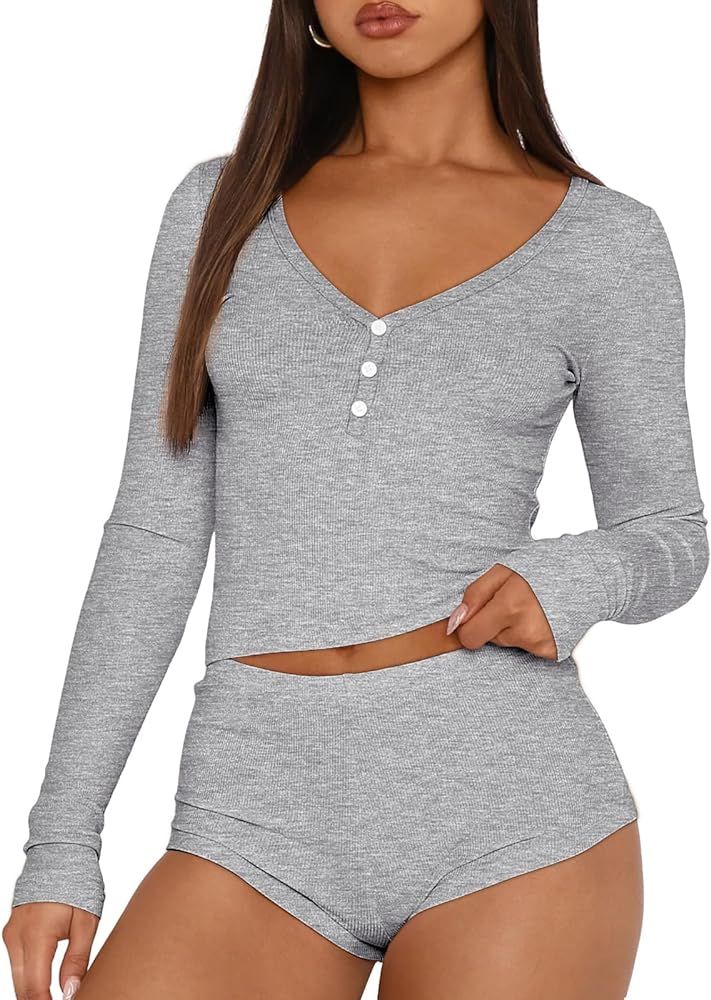 Womens Two Piece Sets Lounge 2 Piece Outfits Ribbed Knit Shorts and Long Sleeve Butt... | Amazon (US)