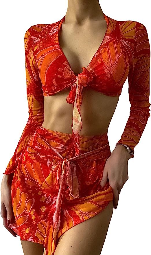 SweatyRocks Women's 2 Piece Bikini Cover Up Mesh Long Sleeve Crop Top and Skirt Set | Amazon (US)