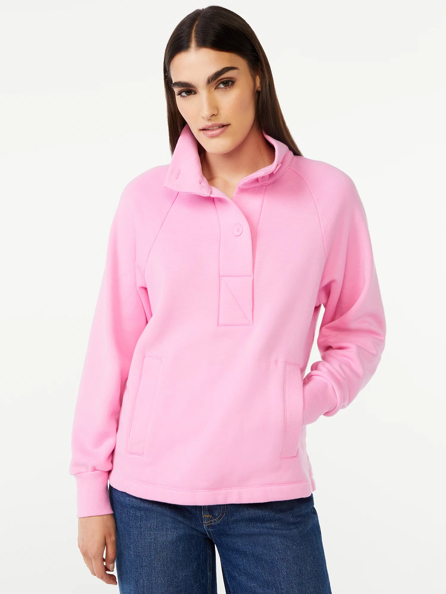 Free Assembly Women's Placket Popover Sweatshirt Top with Raglan Sleeves - Walmart.com | Walmart (US)
