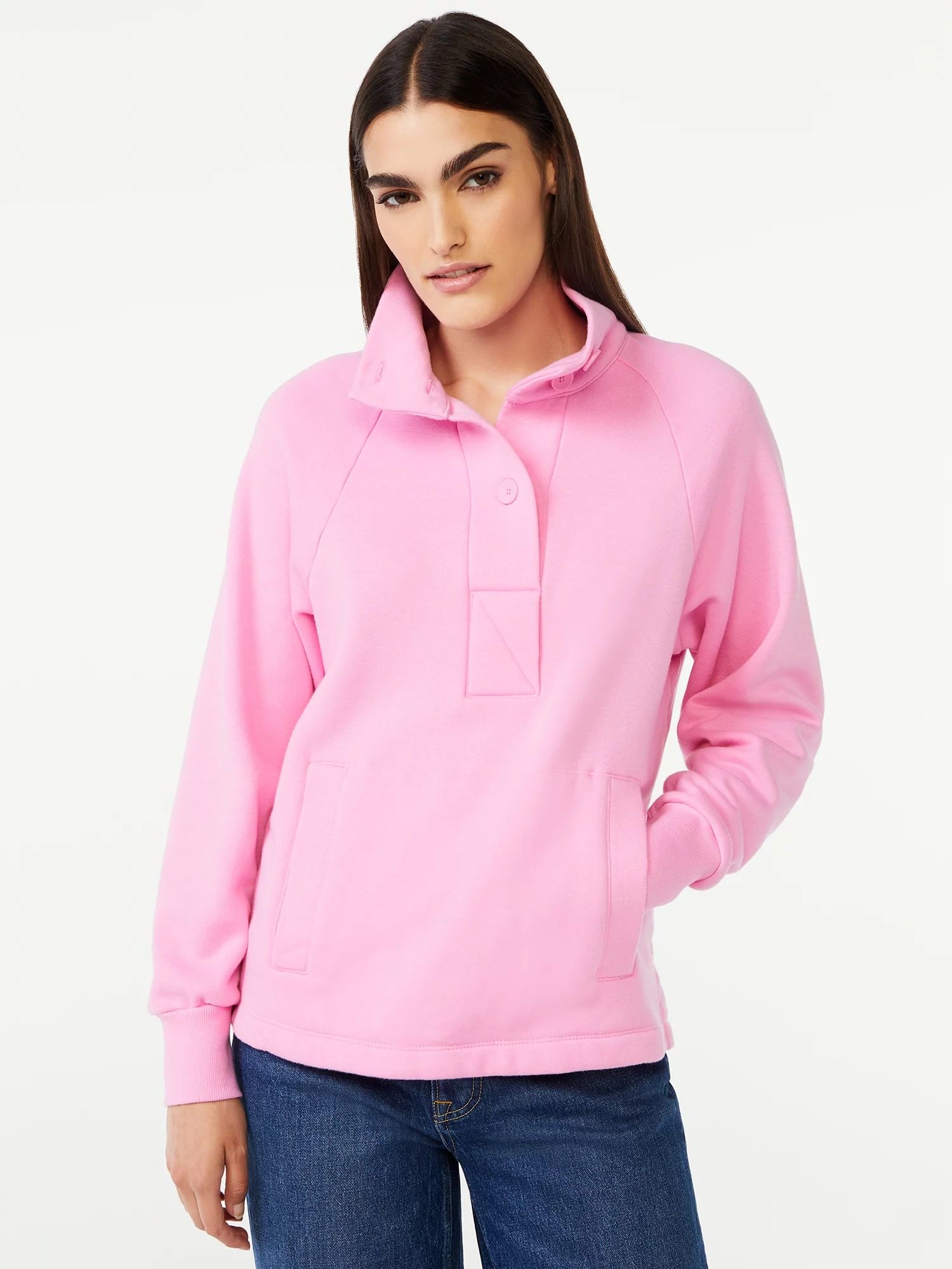 Free Assembly Women's Placket Popover Sweatshirt Top with Raglan Sleeves - Walmart.com | Walmart (US)