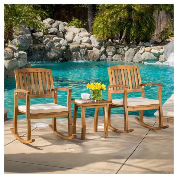 Selma 3pc Acacia Wood Rocking Chair w/ Cushion & Acacia Side Table - Teak - Christopher Knight Ho... | Target