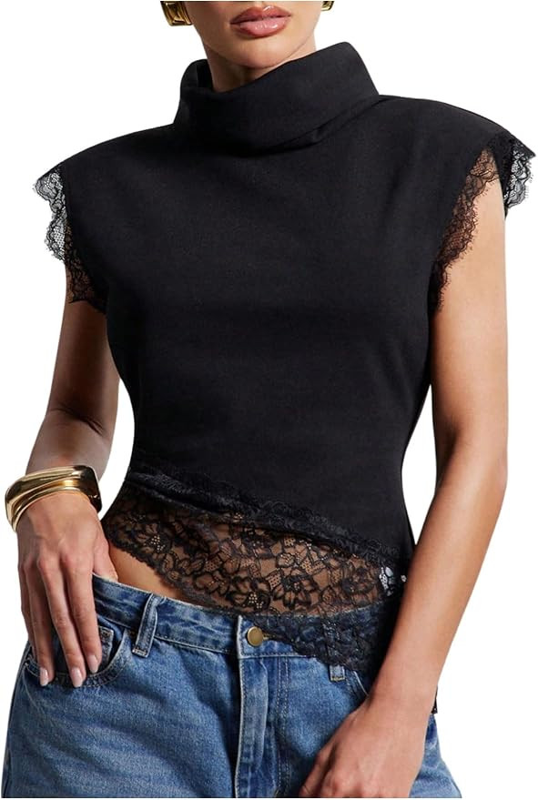 Milumia Women's Mock Turtleneck Tops Lace Trim Cap Sleeve Asymmetrical Hem Fitted Tshirt Date Nig... | Amazon (US)