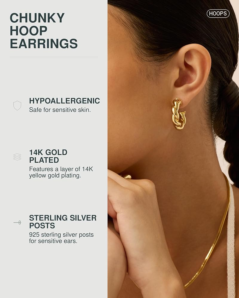 PAVOI 14k Gold Plated Twisted Hoop Earrings for Women, Chunky Rope Earrings | Amazon (US)
