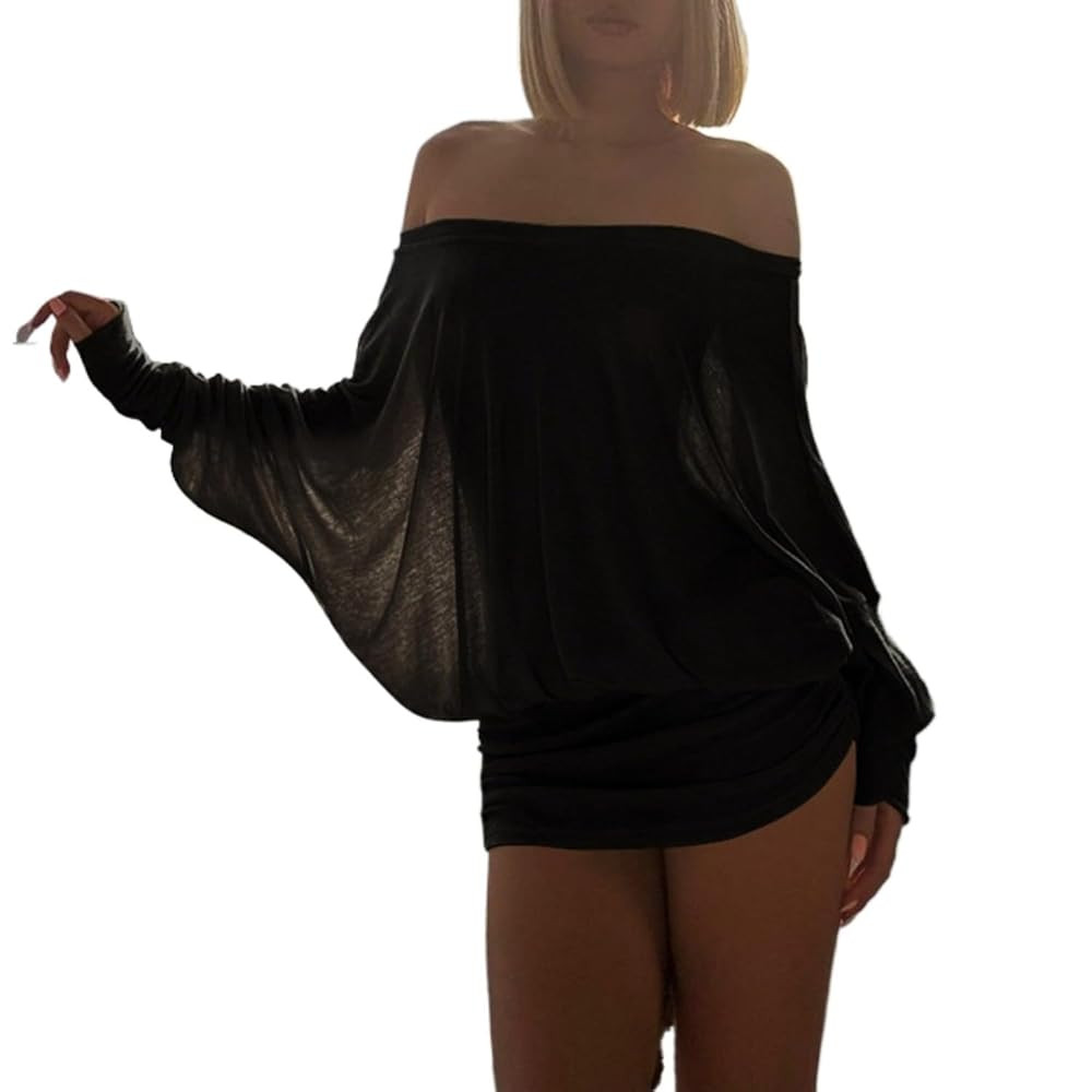 Loose Fit Sheer Dress Batwing Off The Shoulder Long Sleeve Mini Ruched Oversized Casual Streetwea... | Amazon (US)
