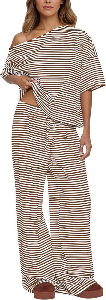 MISSACTIVER Women’s 2 Piece Striped Lounge Set Comfy Off Shoulder Shirts Drawstring Pants Match... | Amazon (US)