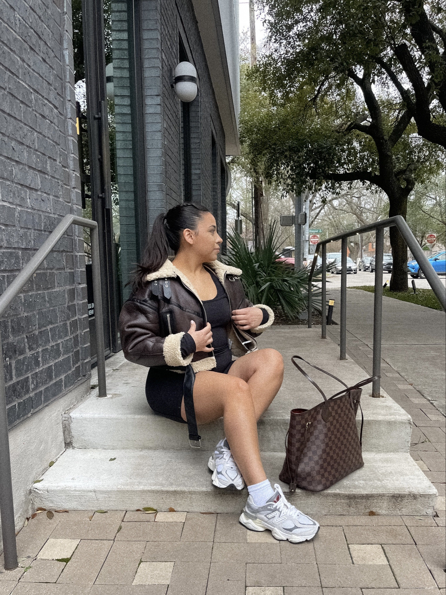 Pilates + brunch outfit idea 
Long sleeve unitard: small
Sherpa lined jacket: small
White ankle socks 
New balance 9060 sneakers: 4.5 men 
Lv Neverfull tote bag 

#LTKfindsunder100 #LTKstyletip #LTKsalealert