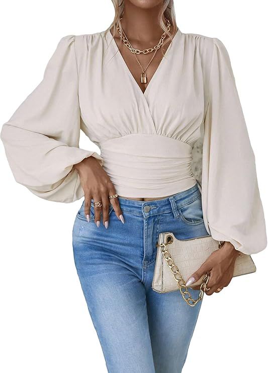 WDIRARA Women's Lantern Sleeve Ruched Crop Blouse Wrap Front V Neck Shirt Top | Amazon (US)