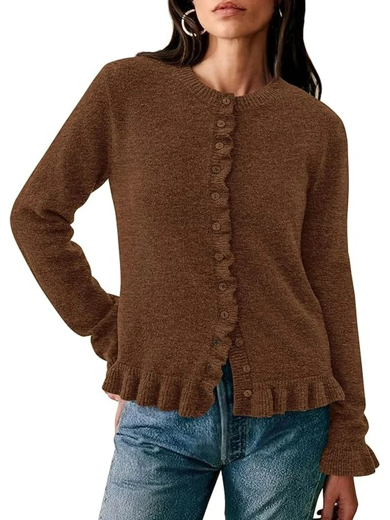 PRETTYGARDEN Womens Fall Button Down Cardigans Chunky Knit Ruffle Open Front Cropped Cardigan Swe... | Walmart (US)