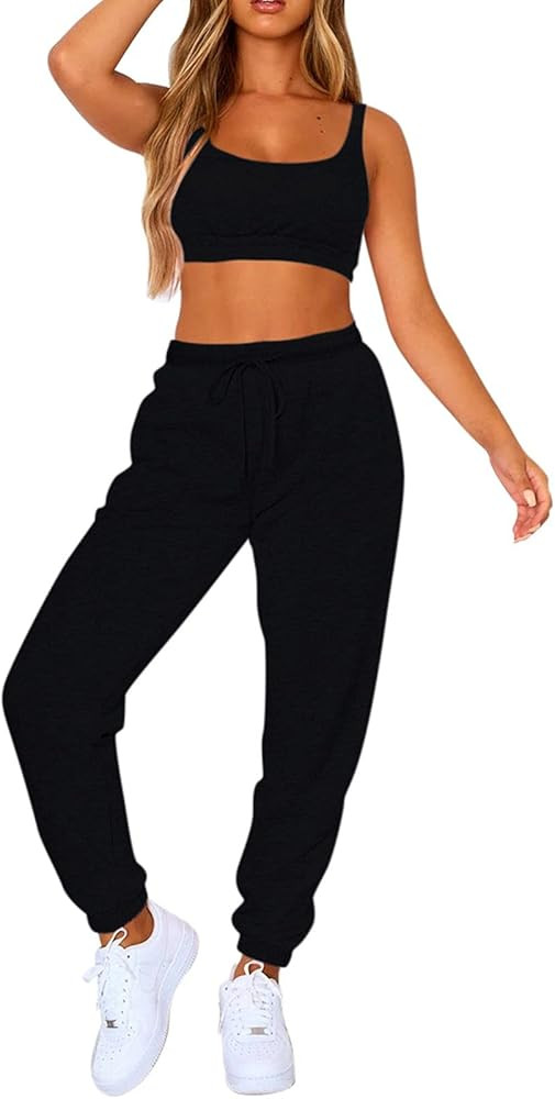 VamJump Womens 2 Piece Tracksuit Workout Outfits Sports Bra and High Waist Drawstring Jogger Pants S | Amazon (US)