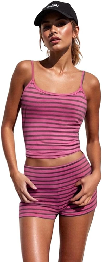 Muineobuka Women Summer Y2K Sexy Striped Pajama Set Backless Fit Strap Crop Cami Tank and micro S... | Amazon (US)