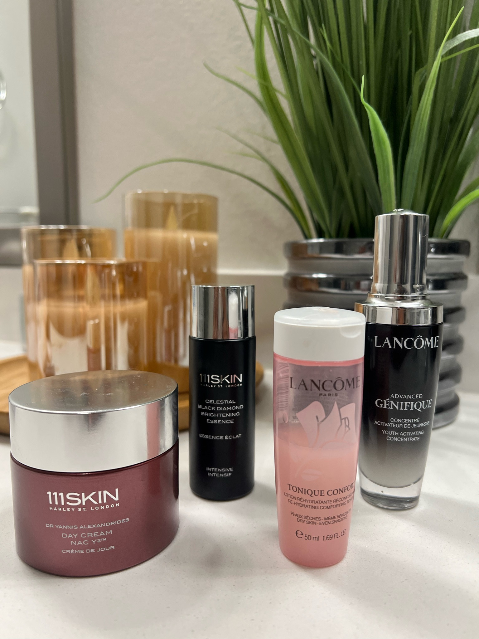 The morning skincare lineup for a dewy look. 

Lancôme Tonique - facial toner
Lancôme Génifique - youth serum 
111 skin - brightening essence 
111 skin - day cream 

#skincare #lancome #111skin #styledwithintention  

#LTKbeauty