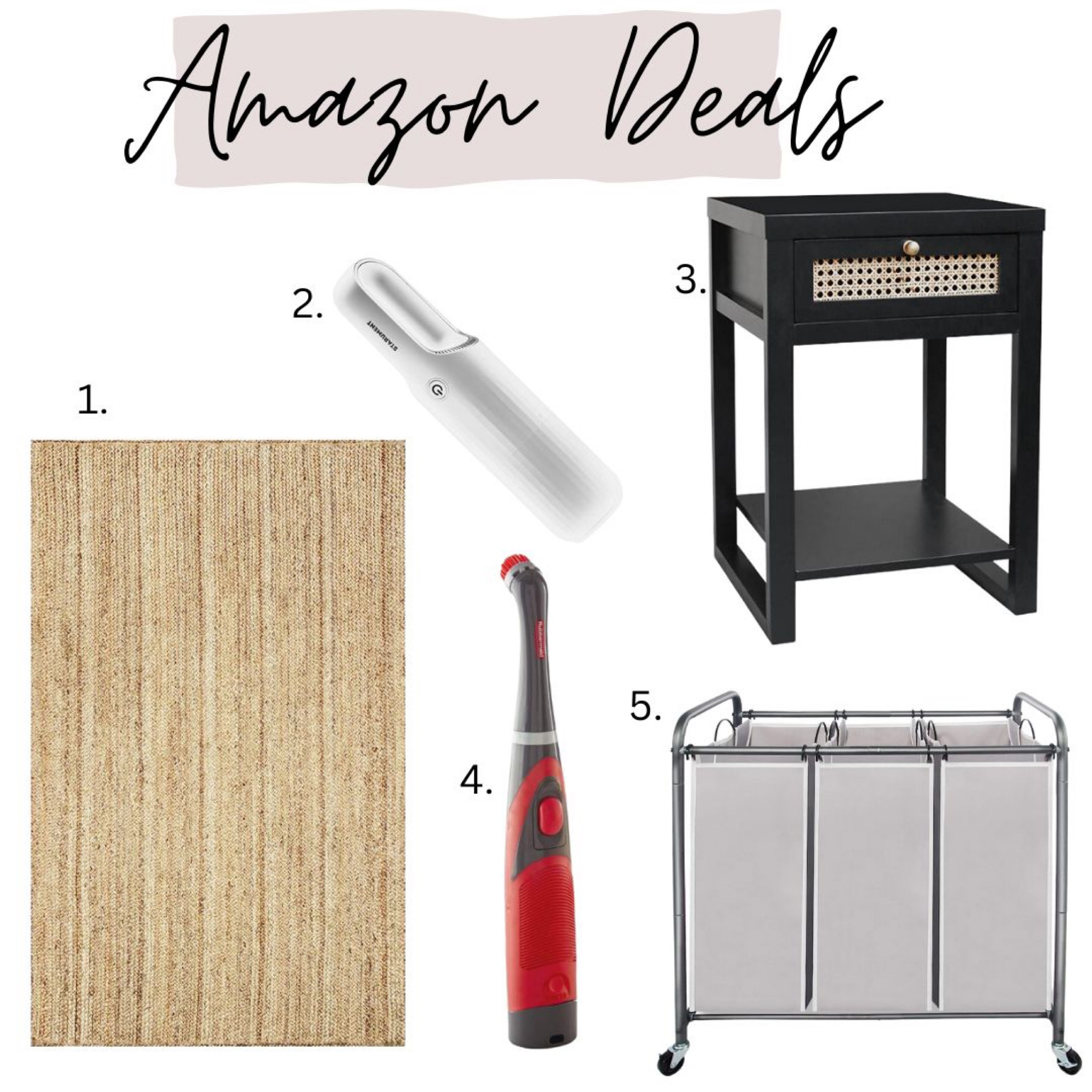 Amazon Deals! 
Portable handheld vacuum 
Laundry cart 
Jute rug 
Portable scrubber 
Rattan black side table 

#LTKhome #LTKstyletip #LTKFind