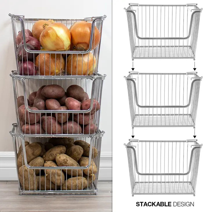 Stackable Metal Storage Organizer Bin Basket - Set of 3 - Silver | Nordstrom Rack