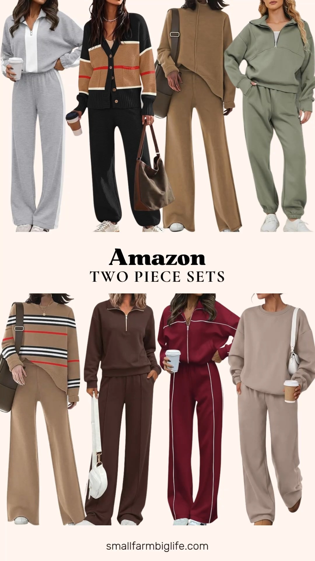 Two piece sets are the ultimate cozy fall uniform, perfect for travel, errands, or just lounging at home. The sage green half zip fleece sweatsuit and the grey and white ANRABESS color block tracksuit both bring that classic athleisure feel with a collared half zip top and wide leg sweatpants.

For something a little more elevated, the camel striped knit lounge set and the black cardigan set with camel, red, and white stripes both bring a polished sweater coat silhouette that works just as well for travel or going out as it does for lounging. The light brown Viottiset high neck sweater set is another great option for a put together loungewear look.

Wide leg pant sets are having a moment too. The coffee brown PRETTYGARDEN set, the wine red BTFBM half zip tracksuit, and the tan grey Trendy Queen fleece lined set all bring that same comfortable, airport ready silhouette with deep pockets and a soft fleece interior.

#amazonfashion #twopieceset #loungewear #falloutfits #amazonfinds 

 #LTKootd #LTKActive #LTKOver40