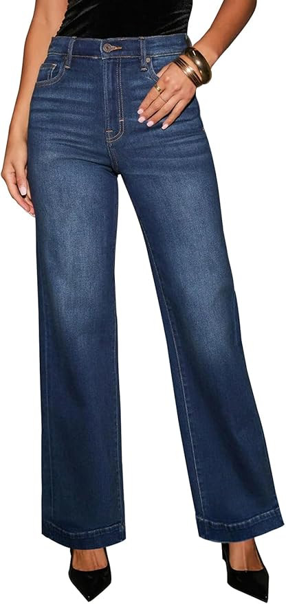 KUNMI Women's Wide Leg Jeans High Waisted Straight Leg Stretchy Denim Pants with Pockets | Amazon (US)