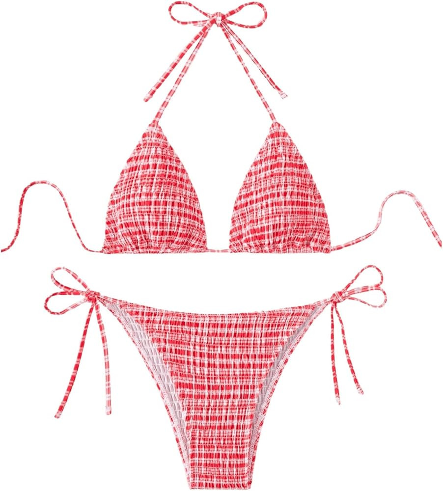 SOLY HUX Women's Plaid Gingham Bikini Sets Halter String Triangle Tie Side Bathing Suit Two Piece... | Amazon (US)