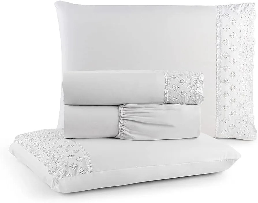 Jogo de Lençol King 4 Peças Napoli Percal 300 Fios Lese Bordado Inglês (Branco) | Amazon (BR)