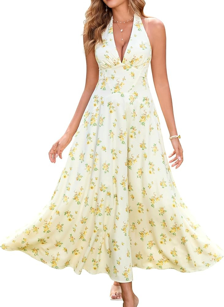GLNEGE Women's Summer V-Neck Long Dress Casual Halter Wedding Guest Dresses Boho Flowy Smocked Su... | Amazon (US)