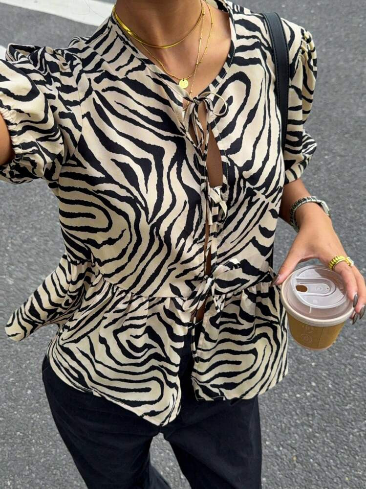 Siren Gaze Women’s Round Neck Short Sleeve Shirt, Zebra Print Shirt With Tie And Puff Sleeve | SHEIN