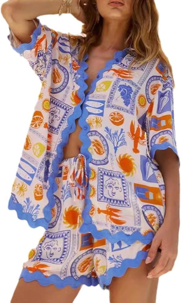 Women's Floral Outfit Y2k Short Sleeve Button Top Cute Colorful Doodle Pattern | Amazon (US)