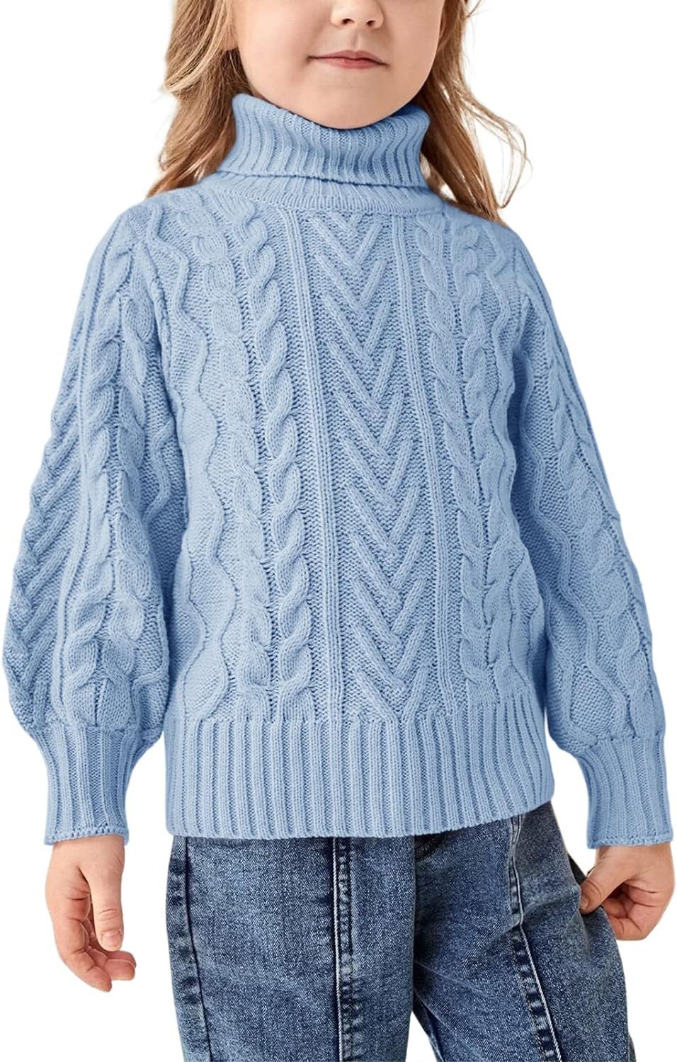 Girls Sweater Turtle Neck Puff Sleeve Chunky Cable Knit Kids Pullover Jumper Top | Amazon (US)