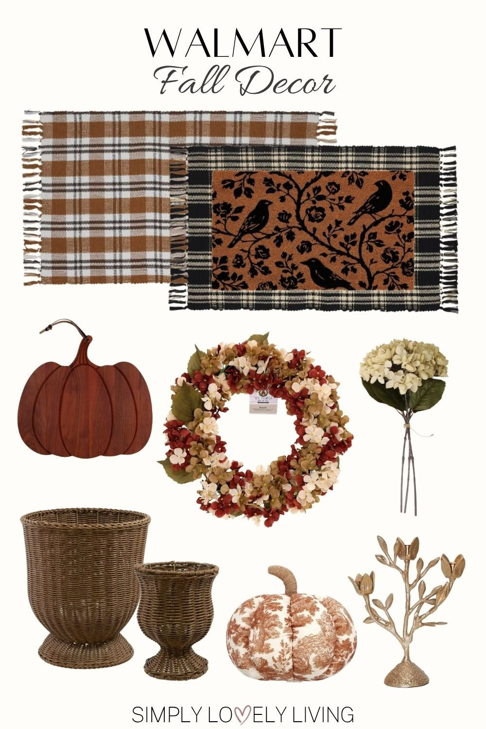 My Texas House Fall decor at Walmart! Fall porch decor. Fall doormat layered on top of plaid rugs. Hydrangeas. Fall wreath. Woven planters. Pumpkin pillow with floral print. Gold leaf candle holder. Pumpkin shaped serving board. #falldecor

#LTKSeasonal #LTKHome