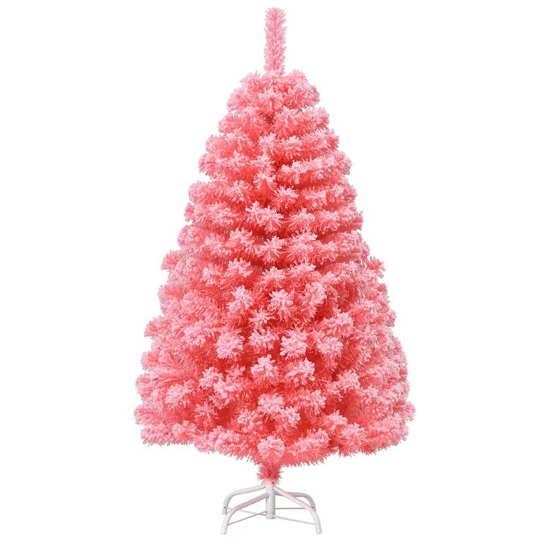 Costway 4.5ft Snow Flocked Hinged Artificial Christmas Tree w/ Metal Stand Pink | Walmart (US)