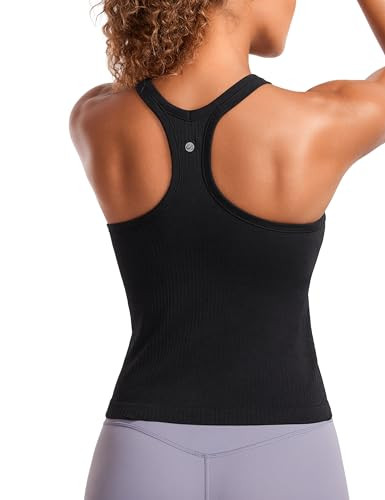 CRZ YOGA Womens Seamless Ribbed Racerback Workout Tank Tops - Padded Scoop Neck Athletic Camisoles with Built in Bra Black XX-Small | Amazon (US)