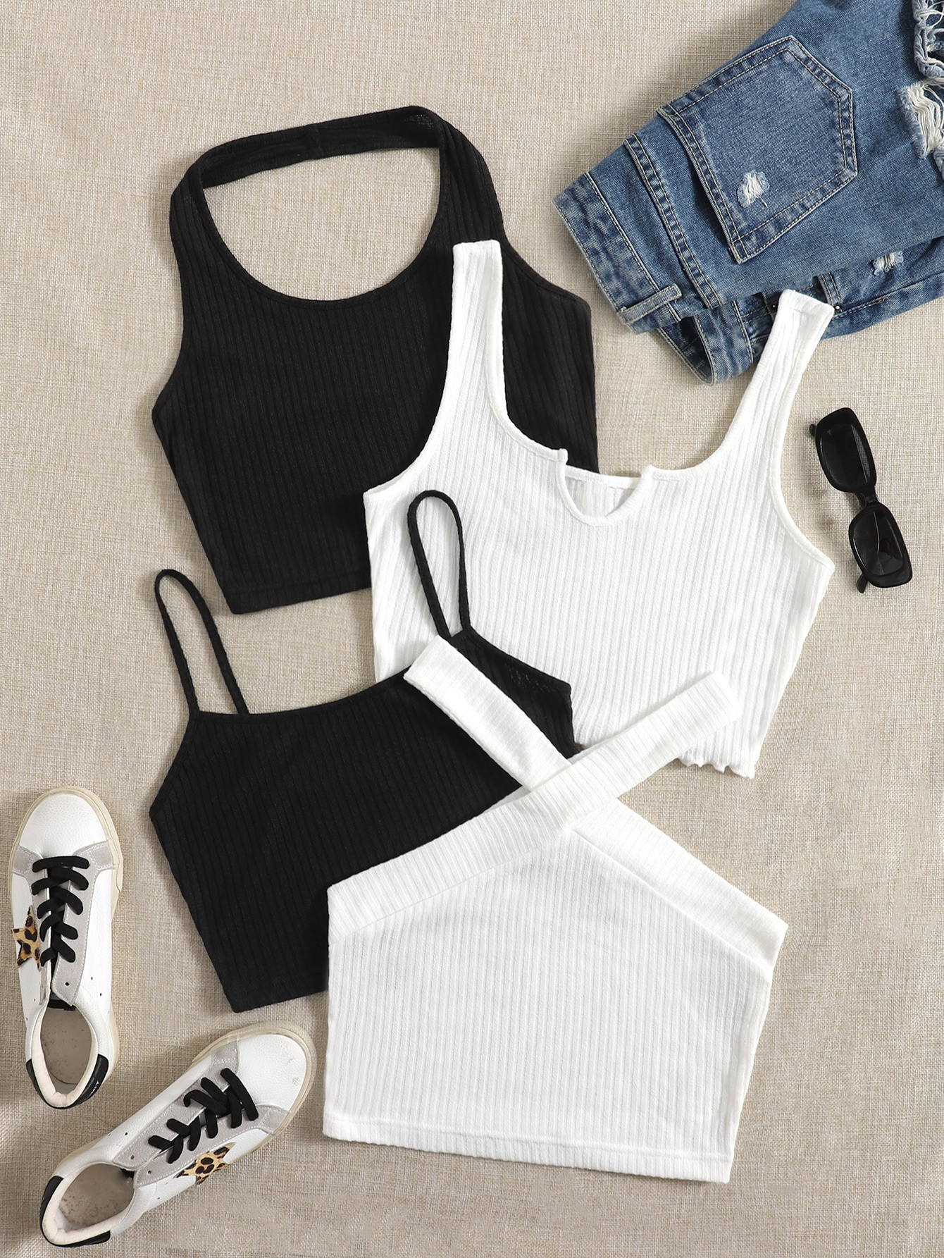 SHEIN EZwear 4pcs Solid Ribbed Knit Crop Top | SHEIN