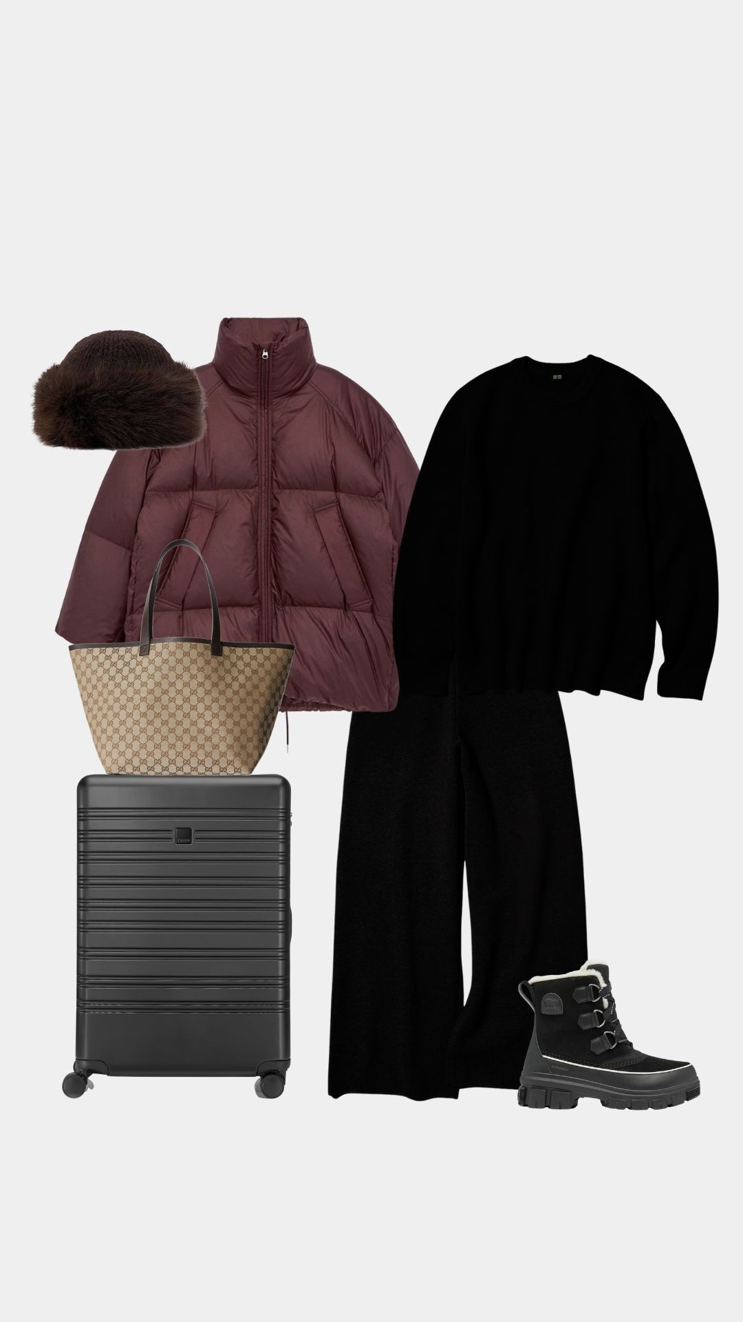 Airport outfit - winter city break 
Uniqlo matching black co-ord
Down puffer coat
Snow boots
Suitcase
Gucci tote bag
Fur hat

#LTKwinter #LTKfestive #LTKuk