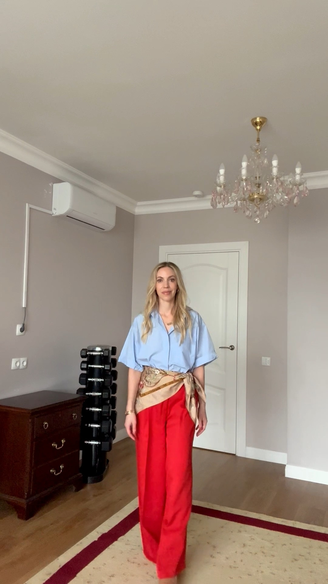 My red pants are under $40! Size down if you’re between sizes 

Summer workwear, sky blue and tomato red pairing, silk scarf tied at waist, red wide leg pants

#LTKootd #LTKWorkwear #LTKOver40