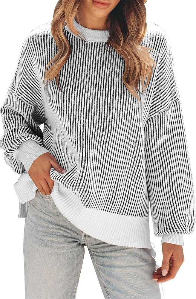 Womens Sweaters Fall 2024 Clothes Oversized Long Sleeve Colorblock Striped Knit Pullover Tops Cas... | Amazon (US)