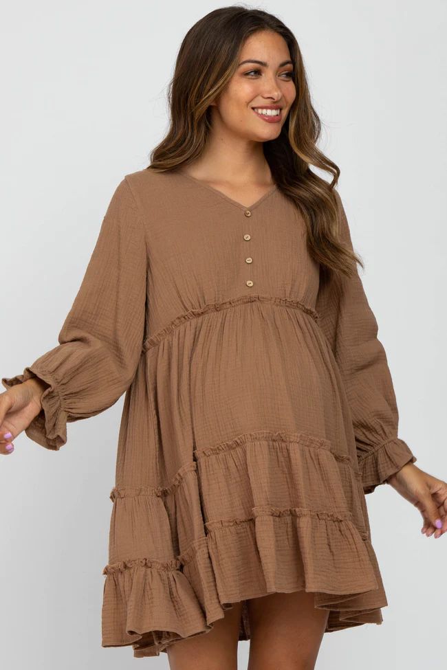Taupe Button Accent Long Sleeve Tiered Maternity Dress | PinkBlush Maternity