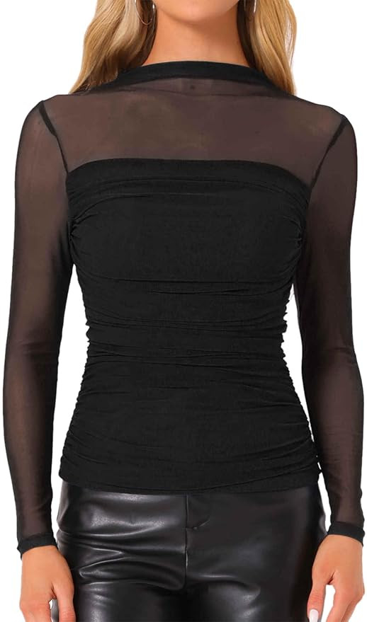 Allegra K Mesh Top Women Sheer Long Sleeve Mock Neck Slim Fit Shirts Trendy Fall Outfit Ruched Go... | Amazon (US)