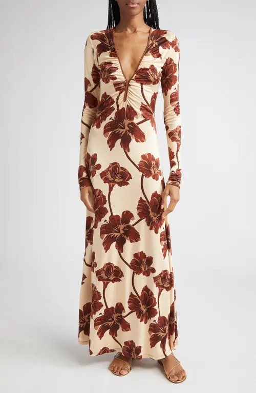 Johanna Ortiz Alma Bordada Floral Print Long Sleeve Jersey Dress in Ecru /Chocolate /Mocca at Nordstrom, Size 12 | Nordstrom