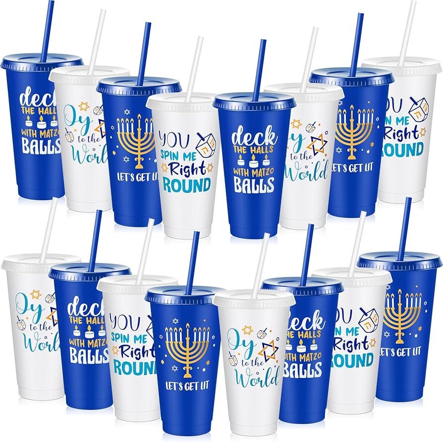 Uiifan 16 Pcs Hanukkah Cups Hannukah Plastic Tumbler with Lid and Straw 24 oz Tumbler Gift for Ch... | Amazon (US)