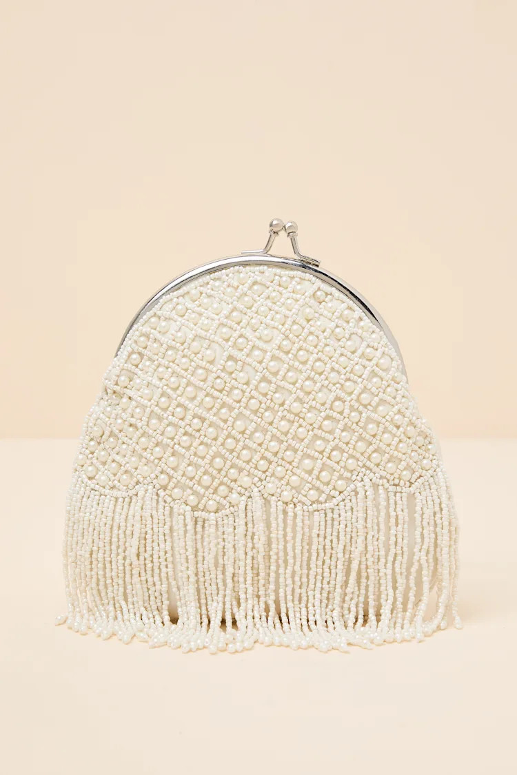 Marceline White Beaded Pearl Fringe Clutch | Lulus